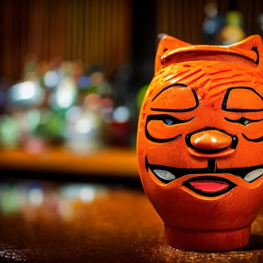 Image similar to a closeup photorealistic photograph of an orange cat garfield style tiki mug at a trader vic's bar with garfield's face on the front. tiki party. bright scene. fine detail. this 4 k hd image is trending on artstation, featured on behance, well - rendered, extra crisp, features intricate detail, epic composition and the style of unreal engine.