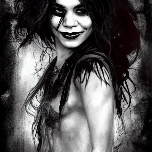 Image similar to beautiful portrait of vanessa hudgens as death from sandman, smiling, by cedric peyravernay, alphonse mucha, by jeremy mann, by lecouffe deharme, goth chic, soft lightning, eyeliner, punk rock, high detailed, 8 k