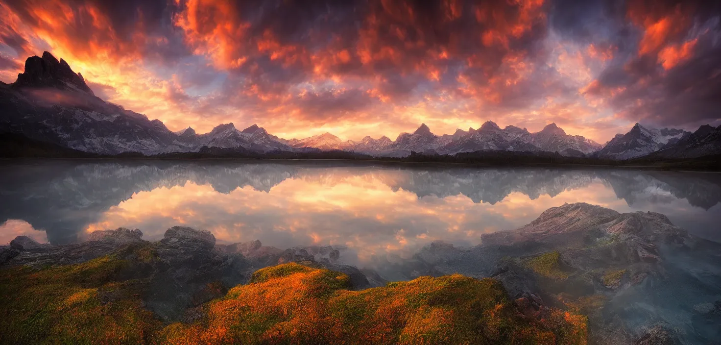 Image similar to amazing landscape photo of mountains with lake in sunset by marc adamus, beautiful dramatic lighting