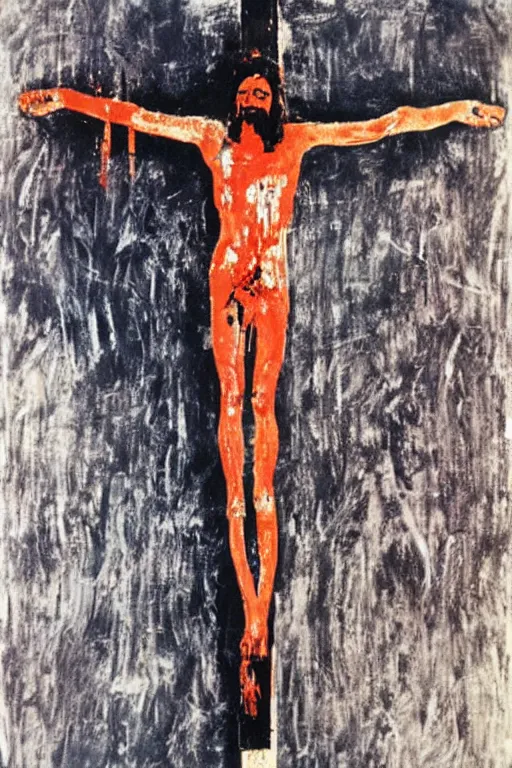 Image similar to bloody jesus christ crucified painted by cy twombly, basquiat and andy warhol