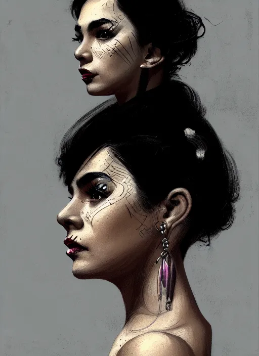 Image similar to portrait of a latino woman with a crooked nose and a confident expression, 1 9 6 0 s, black clothes, punk, funk, intricate, elegant, highly detailed, digital painting, artstation, concept art, smooth, sharp focus, illustration, art by wlop, mars ravelo and greg rutkowski