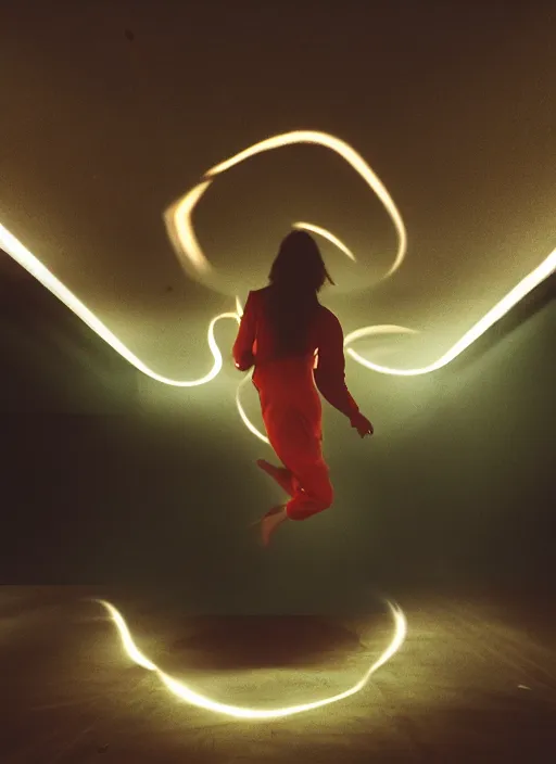 Image similar to female ascending into a void, radiating aura, motion blur, film grain, cinematic lighting, experimental film, shot on 1 6 mm, soft lighting