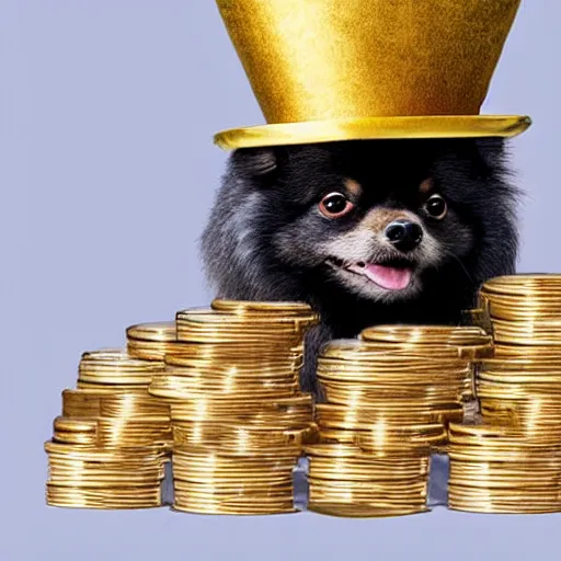 Image similar to A pomeranian wearing a top-hat and a monocle, sitting on a pile of gold coins