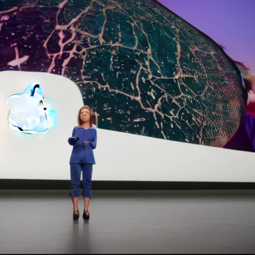 Prompt: reuters photograph of a female mark zuckerberg giving a keynote speech on apple park