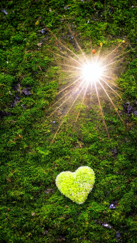 Image similar to macro photo of moss, a crystal heart is laying on the moss, light rays are coming through the leaves above, god rays, beautiful award winning macro photography, trending on artstation, serene secluded garden, isometric angle, 7 5 mm, f 3. 4