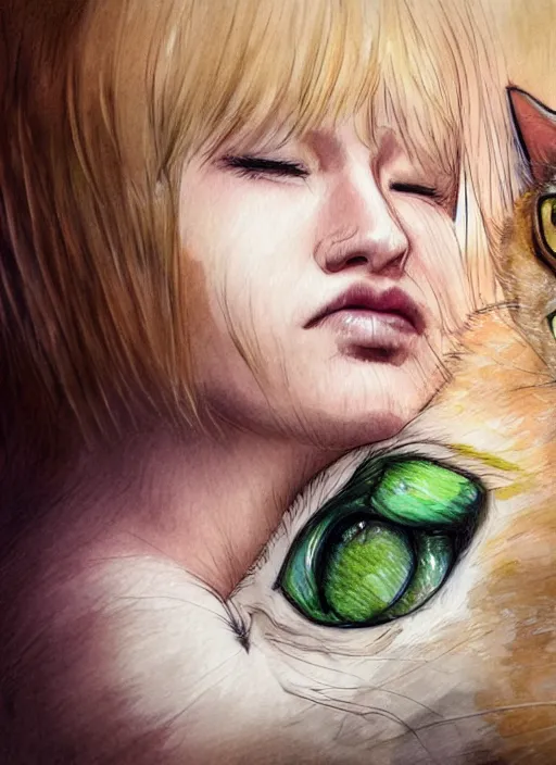 Image similar to blonde woman with green eyes kisses her cat with green eyes on her nose, watercolor, dramatic lighting, cinematic, establishing shot, extremly high detail, foto realistic, cinematic lighting, pen and ink, intricate line drawings, by Yoshitaka Amano, Ruan Jia, Kentaro Miura, Artgerm, post processed, concept art, artstation, matte painting, style by eddie mendoza, raphael lacoste, alex ross