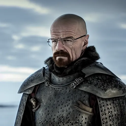 Image similar to walter white dresses like a knight from game of thrones, cinematic, highly - detailed, 8 k, hbo, game of thrones, realistic