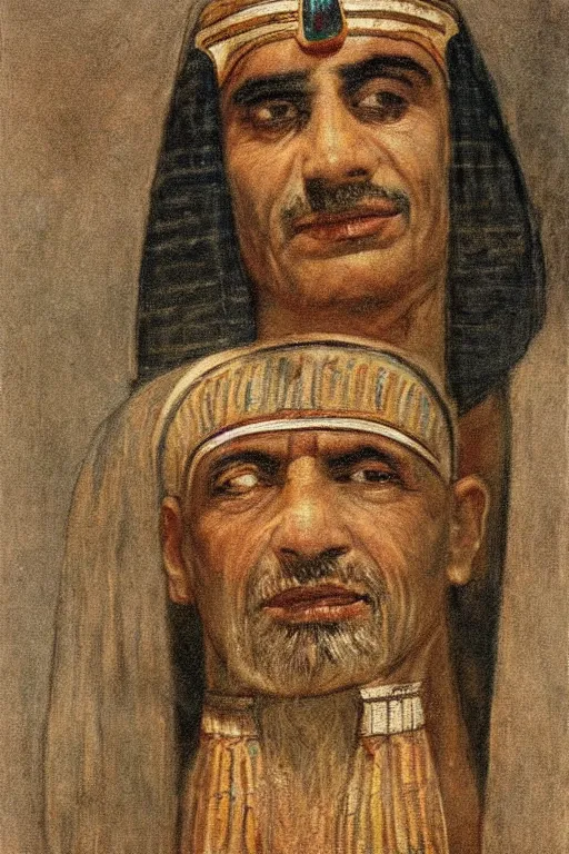 Image similar to a closer personal portrait of a a very old egyptian temple mage with very piercing eyes, very charismatic. in ancient egypt. masterpiece, ciaroscuro. painted by carl larsson