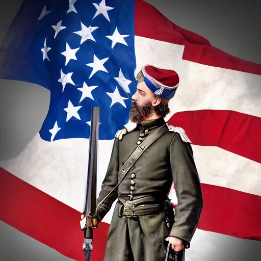 Prompt: an army officer from the American Civil War carrying the flag in one hand and a saber raised high in the other hand, hyper realistic, super detailed, 4k, HDR, mindblowing