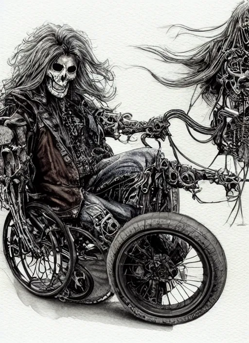 Prompt: portrait, A long haired biker skeleton in a wheelchair, watercolor, dramatic lighting, cinematic, establishing shot, extremely high detail, foto realistic, cinematic lighting, pen and ink, intricate line drawings, by Yoshitaka Amano, Ruan Jia, Kentaro Miura, Artgerm, post processed, concept art, artstation, matte painting, style by eddie mendoza, raphael lacoste, alex ross