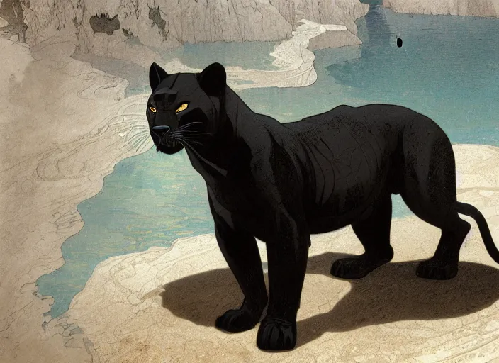 Prompt: animal concept of a black panther melanistic deep black leopard walking on Pamukkale, thermal waters flowing down gold travertine terraces, accurately portrayed, portrait art by alphonse mucha and greg rutkowski, highly detailed, digital painting, concept art, illustration, dim lighting with twilight rays of sunlight, trending on artstation, very detailed, smooth, sharp focus, octane render, close up