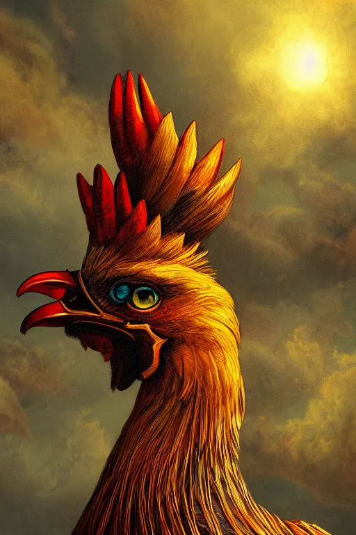 Prompt: a beautiful tarot card artwork of a rooster in armour, horror, backlit, gloomy sky, highly detailed, digital painting, intricate golden threads, by kevin siembieda, vivid colors, detailed shading, 8 k resolution, intricate, smooth