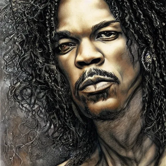 Prompt: a highly detailed portrait of jim ’ s hendrix in the style of luis royo.