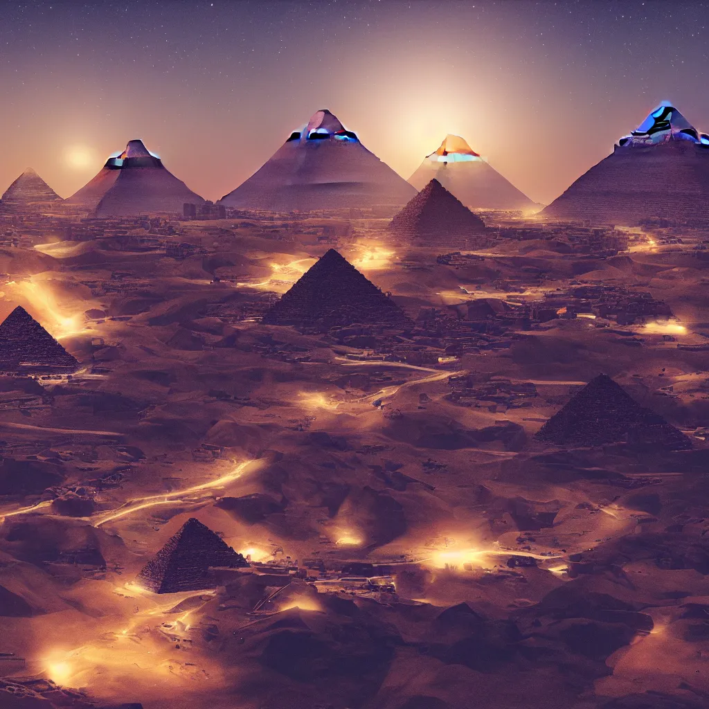 Image similar to magical pyramids of egypt glowing in universe space, octane render, 8k, extremely detailed