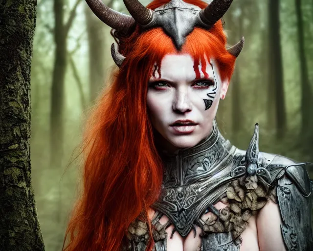 Image similar to 5 5 mm portrait photo of an armored redhead woman warrior with a face tattoo and horns growing from her head, in a magical forest. by luis royo. highly detailed 8 k. intricate. lifelike. soft light. nikon d 8 5 0. cinematic post - processing