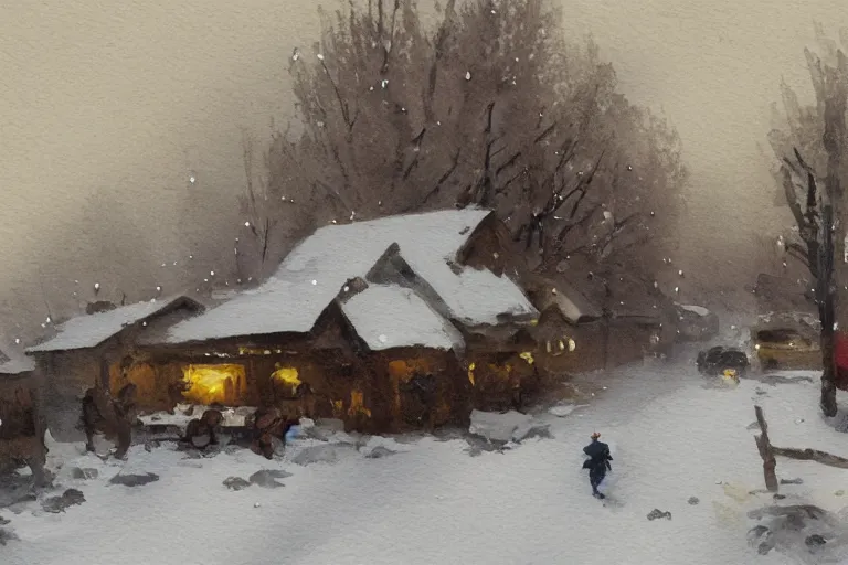 Prompt: small miniature art on watercolor paper, paint brush strokes, abstract watercolor painting of western town, snowy weather, winter, american frontier, midday sharp light, dust, cinematic light, american romanticism by hans dahl, by jesper ejsing, by anders zorn, by greg rutkowski, by greg manchess, by tyler edlin