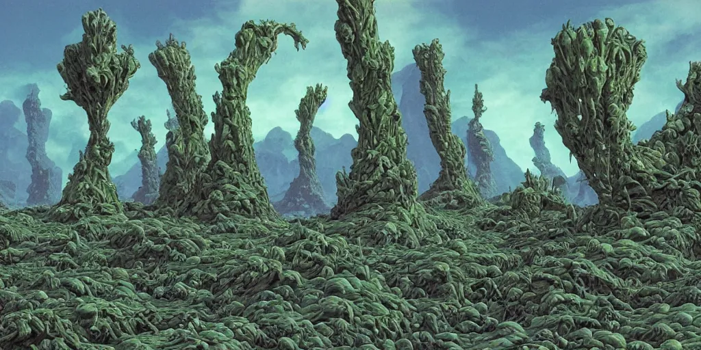 Prompt: alien landscape where strange plants have begun to grow, Moebius