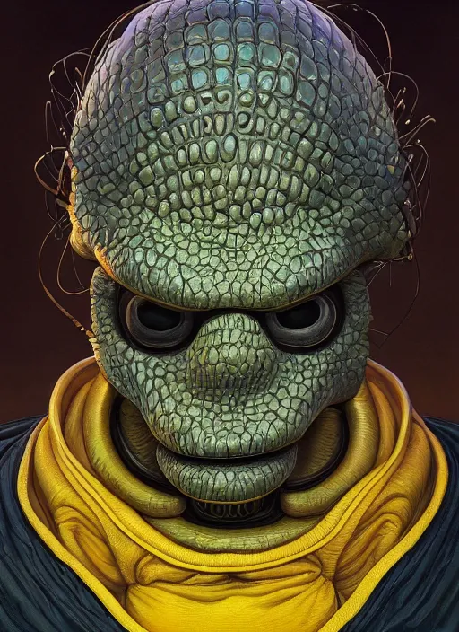 Prompt: homer simpson mf doom reptile eyes, yellow skin. intricate, elegant, highly detailed, centered, digital painting, artstation, concept art, smooth, sharp focus, illustration, artgerm, tomasz alen kopera, peter mohrbacher, donato giancola, joseph christian leyendecker, wlop, frank frazetta