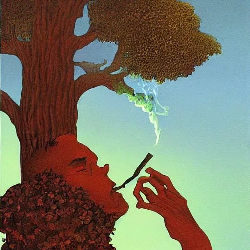 Image similar to tree with human face smoking a cigarette, high detail, fantasy illustration by angus mcbride