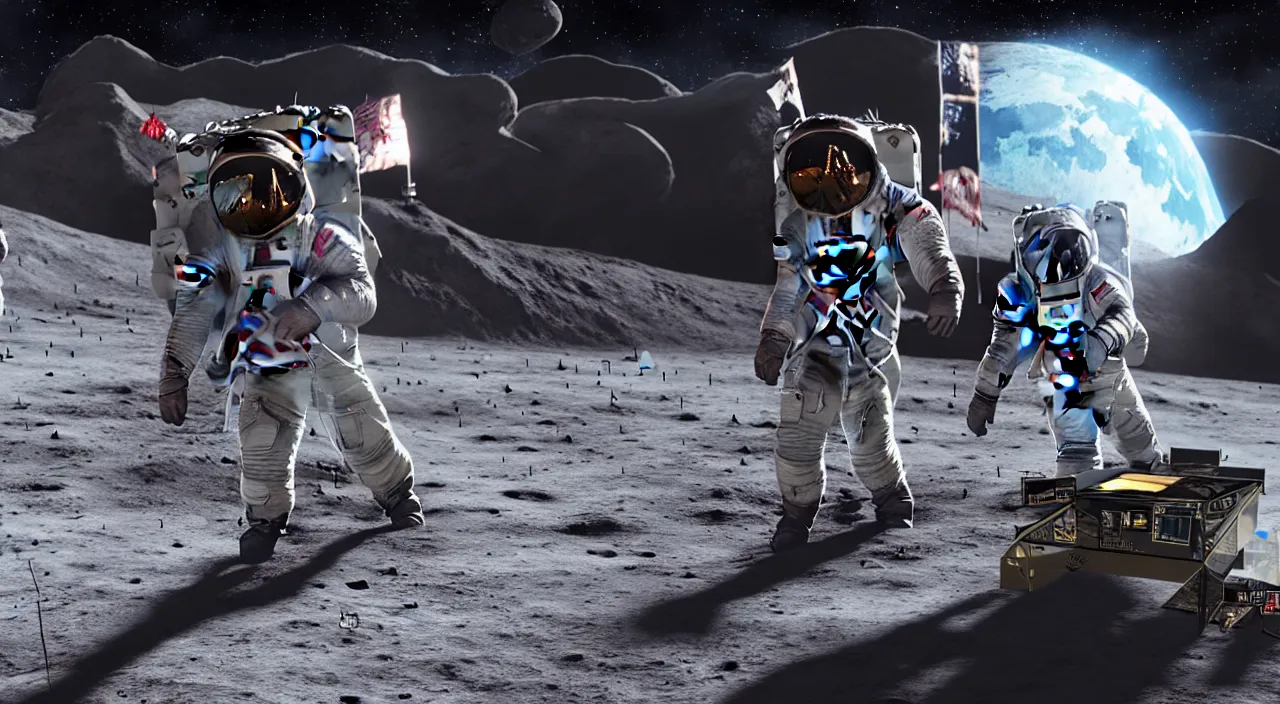 Prompt: Video game tournament on the Moon. Cinematic, Award winning, ultra high resolution, intricate details, UHD 8K