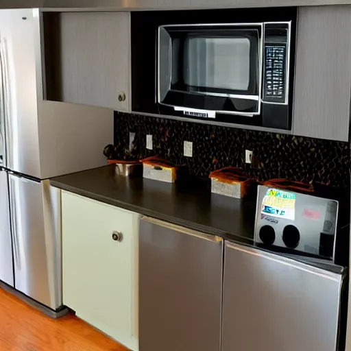 Image similar to we have to install microwave ovens. custom kitchen deliveries. we have to move these refrigerators and color tvs.