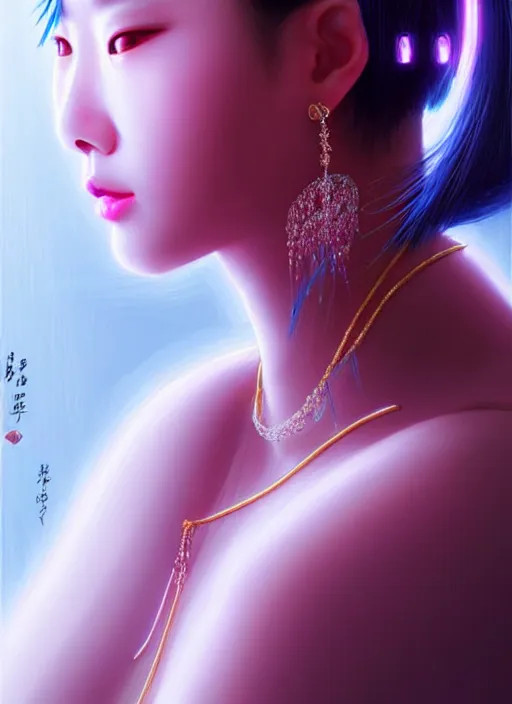 Image similar to portrait of chinese female humanoid, transparent acrylic jewelry accessories, elegant, cyber neon lights, highly detailed, digital illustration, trending in artstation, trending in pinterest, glamor pose, concept art, smooth, sharp focus, art by artgerm and greg rutkowski