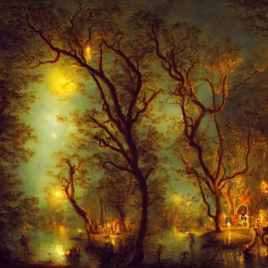 Prompt: a night carnival around a magical tree cavity, with a surreal orange moonlight and fireworks in the background, next to a lake with iridiscent water, christmas lights, folklore animals and people disguised as fantastic creatures in a magical forest by summer night, masterpiece painted by william beechey, dark night environment