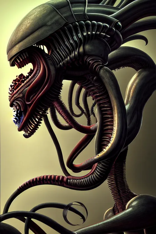 Prompt: highly detailed, industrial photography, profile view of adult xenomorph, long straight bangs, confident, illustration concept art by mark ryden, lostfish, detailed and intricate environment, 8 k resolution, hyperrealistic, octane render