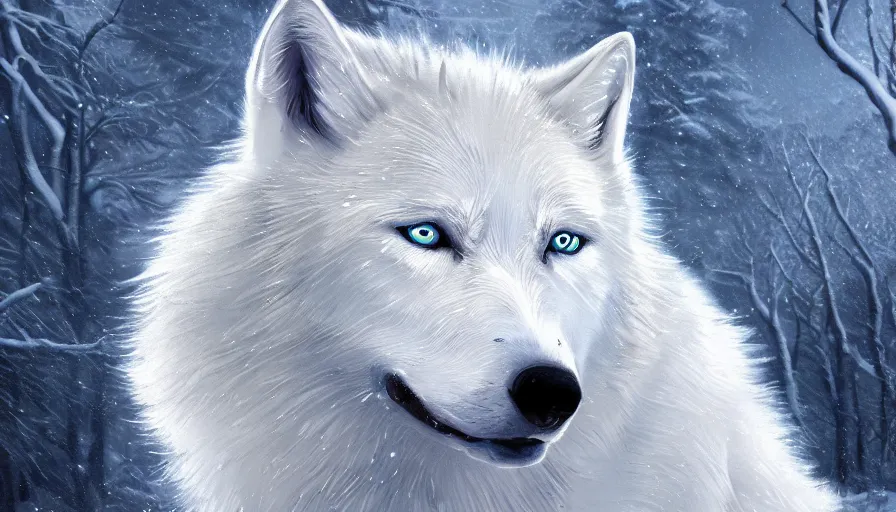 Image similar to Bright white wolf with blue eyes in a snowy landscape, hyperdetailed, artstation, cgsociety, 8k