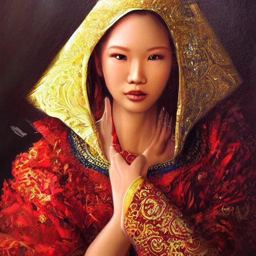 Prompt: portrait of an indonesian woman, an oil painting by ross tran and thomas kincade