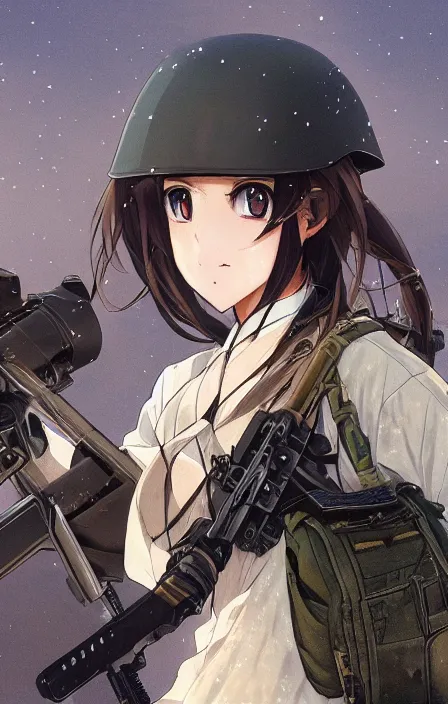 Prompt: infantry girl, anime style, symmetrical facial features long hair, hair down, under heavy fire, smoke explosions, visual novel art, alpha background, hyper realistic, pale skin, rule of thirds, extreme detail, 4 k, detailed drawing, trending artstation, realistic lighting, by alphonse mucha, greg rutkowski, sharp focus, backlit, fast helmet