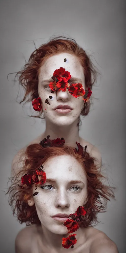 Image similar to dream symmetrical portrait of a woman , close-up, high sharpness, zeiss lens, fashion photo shoot, flowers, red hair, freckles, Annie Leibovitz and Steve McCurry, David Lazar, Jimmy Nelsson, artistic, hyper-realistic, beautiful face, octane rendering