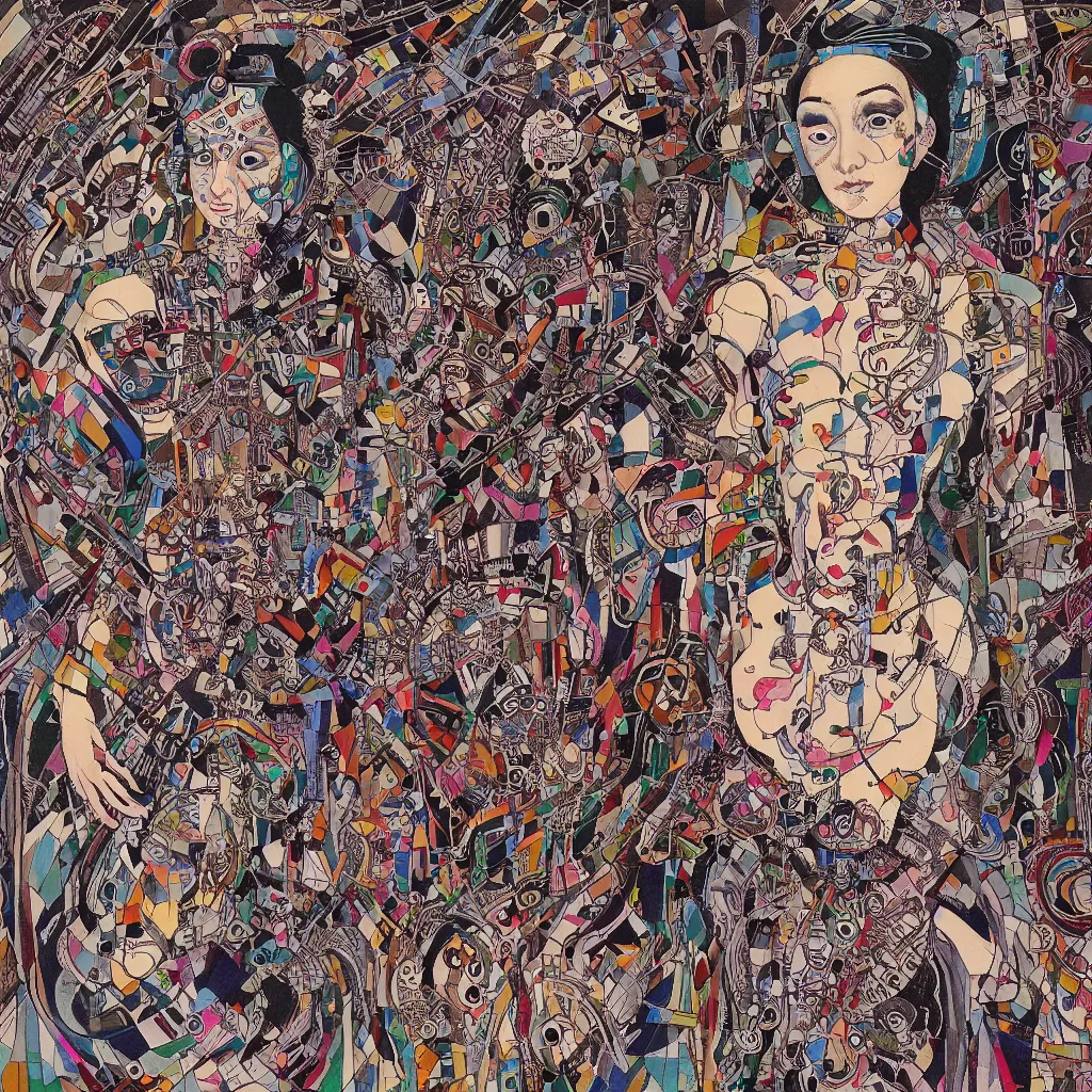 Prompt: portrait of a cyborg in the style of audrey kawasaki, draped in ornate patterned curtains, by wassily kandinsky and zdzislaw beksinski and georgia o'keeffe, ink and crayon on paper, wires, metal panels