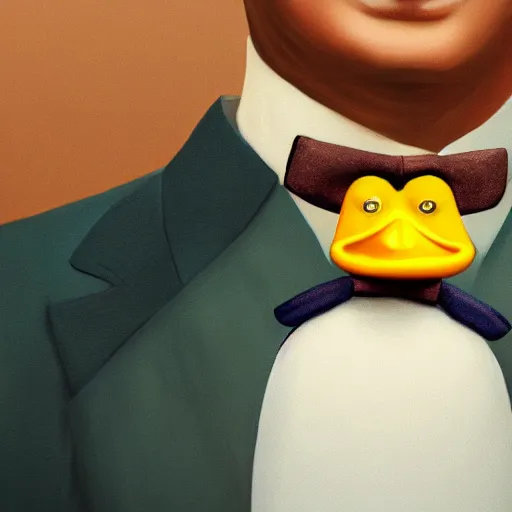 Image similar to a high detail photo of a man with a duck's head wearing a suit, photorealism