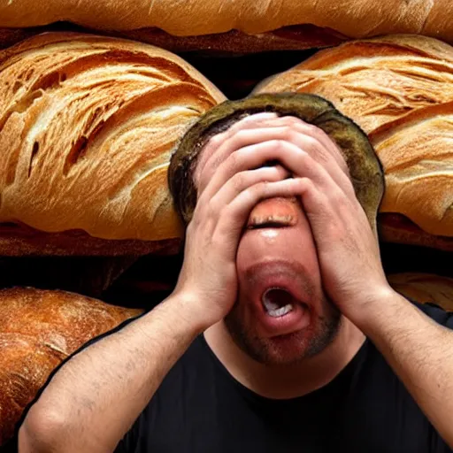 Prompt: man crying in a room full of bread, 4 k