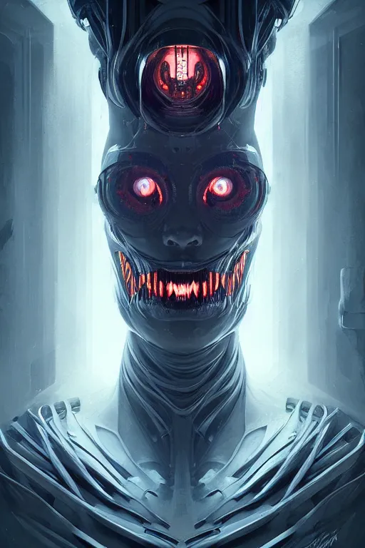 Image similar to professional concept art symmetrical portrait of a horror robotic nightmare species in deep dark room by artgerm and greg rutkowski. an intricate, elegant, highly detailed digital painting, abstraction, concept art, smooth, sharp focus, illustration, in the style of cam sykes.