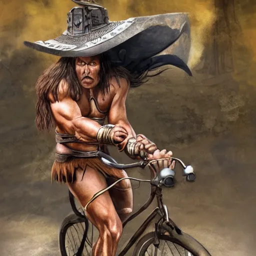 Image similar to conan the barbarian on a bicycle smoking a pipe in a sombrero, photorealistic