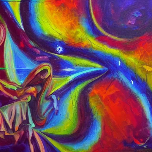 Image similar to love and the first law of thermodynamics, oil painting, vivid, psychedelic