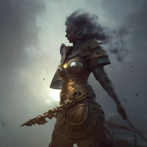 Image similar to cinematic shot epic portrait an female survivor wearing armor made out of bronze and scrap, broad light, ambient occlusion, volumetric light effect, made by ivan aivazovsky, peter mohrbacher, greg rutkowski, matte painting, trending on artstation, 4 k, perfectly defined features, digital painting, cinematic, epic, highly detailed,