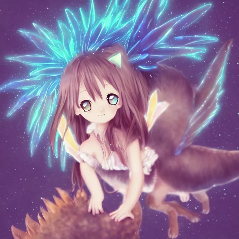 Image similar to cute, full body, female, anime style, a cat girl with fairy wings patting a dragon, large eyes, beautiful lighting, sharp focus, simple background, creative, heart effects, filters applied, illustration