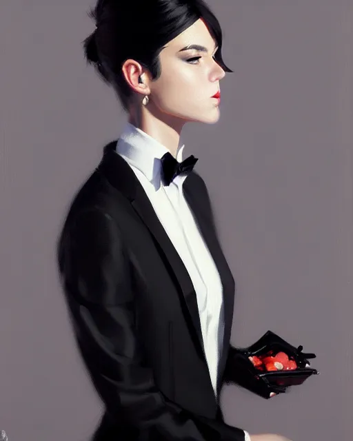 Image similar to a ultradetailed beautiful portrait panting of a stylish woman wearing a black tuxedo, she has a crazy looking expression, white background, oil painting, by ilya kuvshinov, greg rutkowski and makoto shinkai, trending on artstation