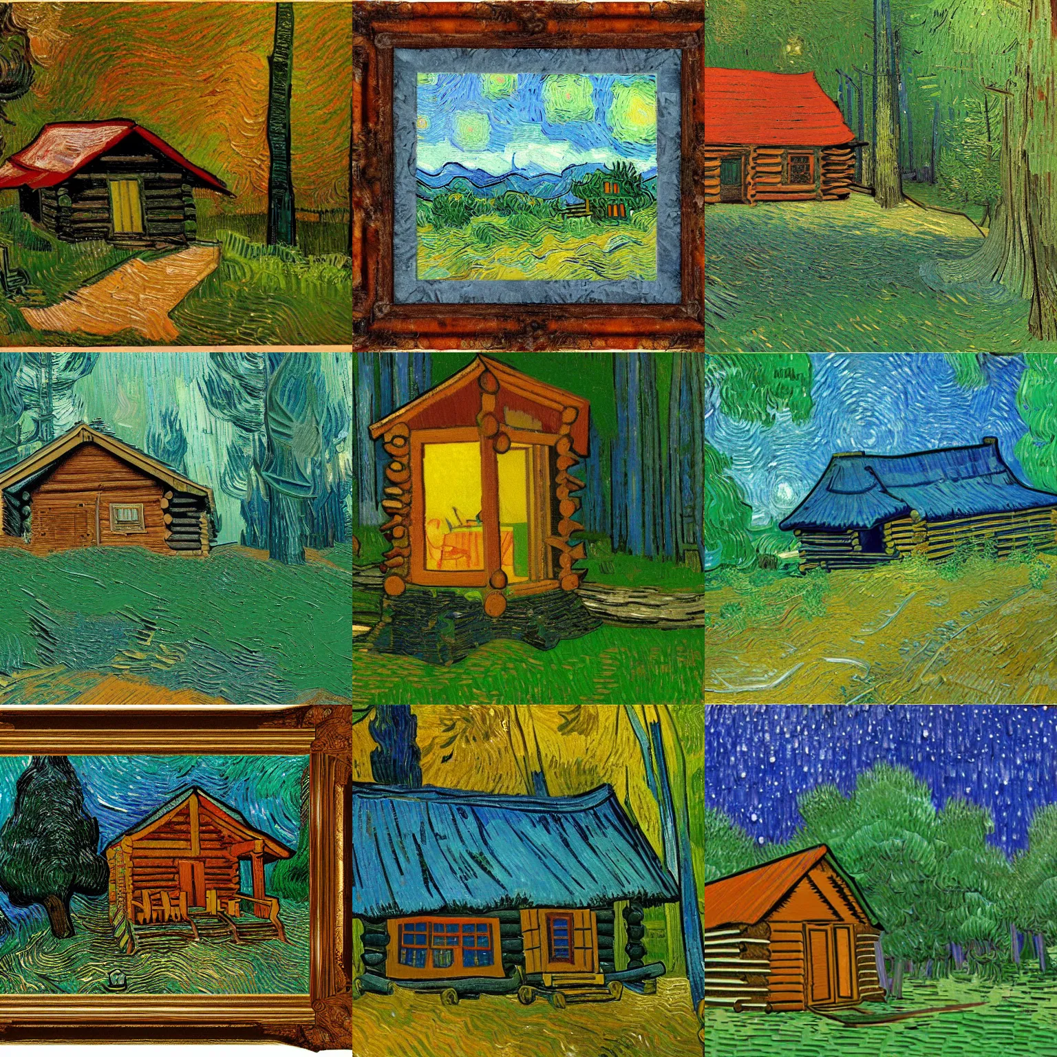 Prompt: [ a log cabin in the forest ] [ van gogh ] [ dof ]