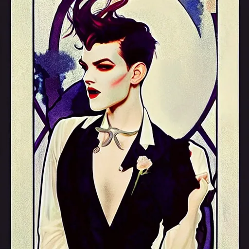 Image similar to beautiful portrait of androgynous ruby rose as desire from sandman in a white tuxedo!!!, rockabilly style, by alphonse mucha, cedric peyravernay, by jeremy mann, by frank moth, white suit and black tie, soft lightning, high detailed, 8 k