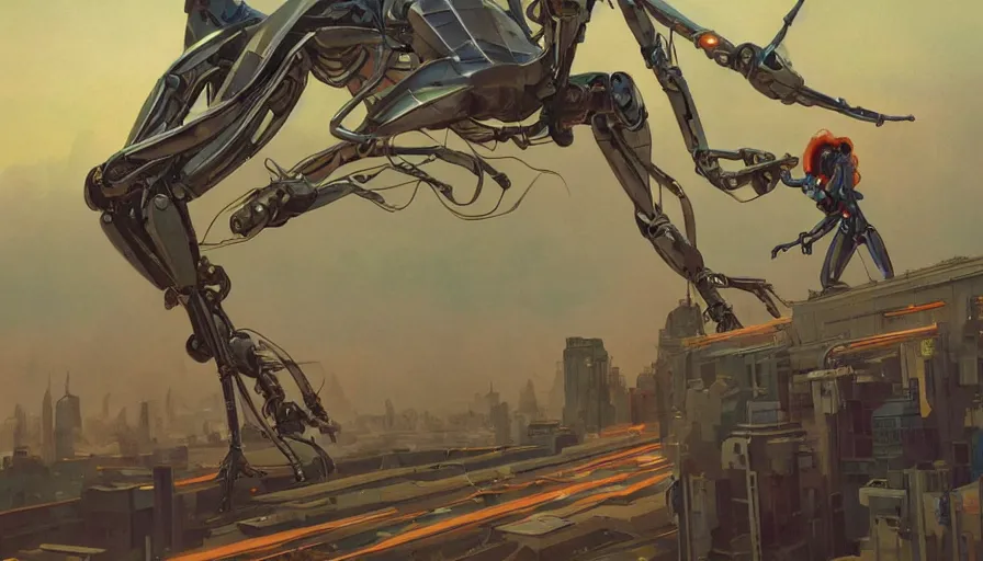 Image similar to a giant retrofuturistic hybrid mantis harvesting bulbs of energy, robot metallic armor, clean design, science fiction, art by artgerm and greg rutkowski, alphonse mucha, in watercolor gouache style of syd mead, trending on artstation, 8 k, wes anderson, insanely detailed scene from independence day