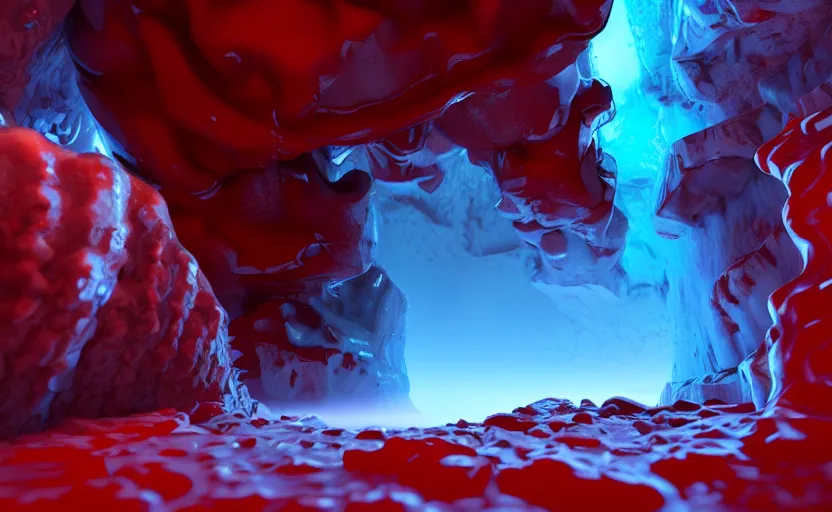 Image similar to liquid nitrogen and with red water-cooling coolant flowing through latent representations of ice caverns by centrifugal forces, gaming pc components sticking out the walls, high detail, high contrast, low-poly elements!!!!!, trending on artstation, octane render, subsurface scattering, 4k