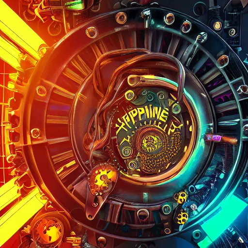 Prompt: album art, album is called tripmachine, text tripmachine, photo of a huge futuristic steampunk machinery with gears and belts, many tubes and cables, 8 k, fluorescent colors, halluzinogenic, multicolored, exaggerated detailed, front shot, 3 d render, octane