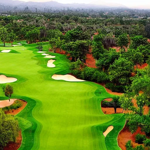 Image similar to a lush green golf course whilst the world burns around it