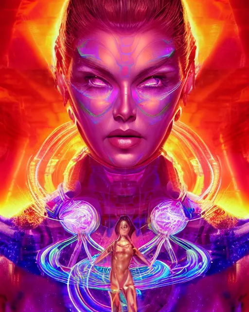 Image similar to a powerful energy psychedelic matrix woman, by alexander fedosav, hyper detailed digital matte painting, concept art, hyperrealism, 1 6 k resolution, cinema 4 d, 8 k resolution, trending on artstation, behance hd, a masterpiece, by stephan martiniere, particles, cel - shaded, power bright neon energy, by david a. hardy,