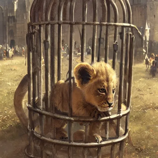 Image similar to adorable lion cub in a cage on a medieval fantasy market, oil painting, by greg rutkowski