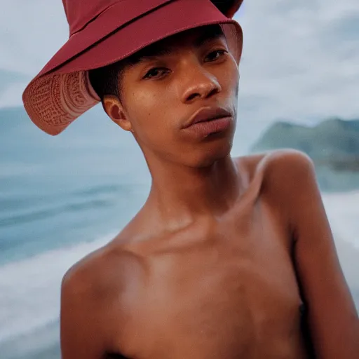 Image similar to realistic photoshooting for a new arcteryx lookbook, color film photography, portrait of a beautiful woman, model is wearing a bucket hat, photo in style of tyler mitchell, 3 5 mm,